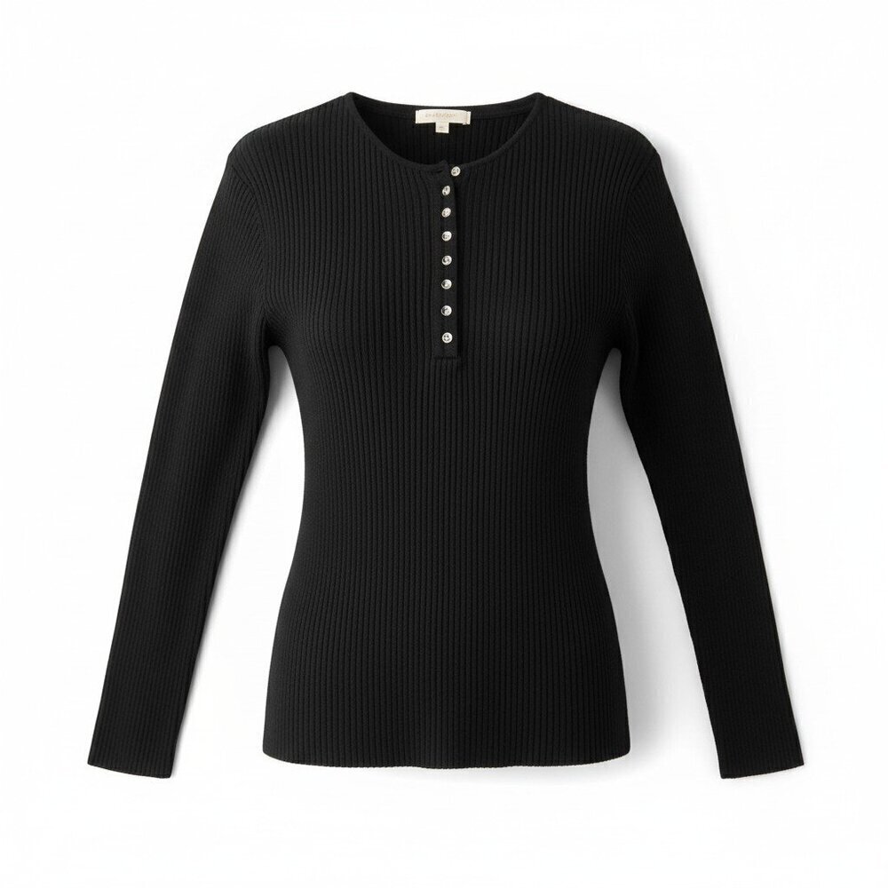 Spiegel Ribbed Silk Blend Henley Sweater Top | Size L Black